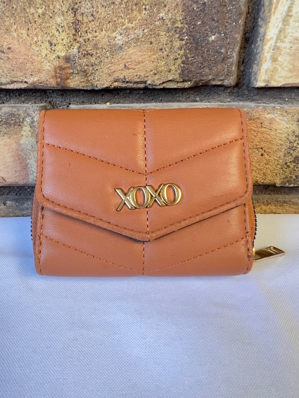 XOXO Tan Chevron Mini Wallet with Gold Logo